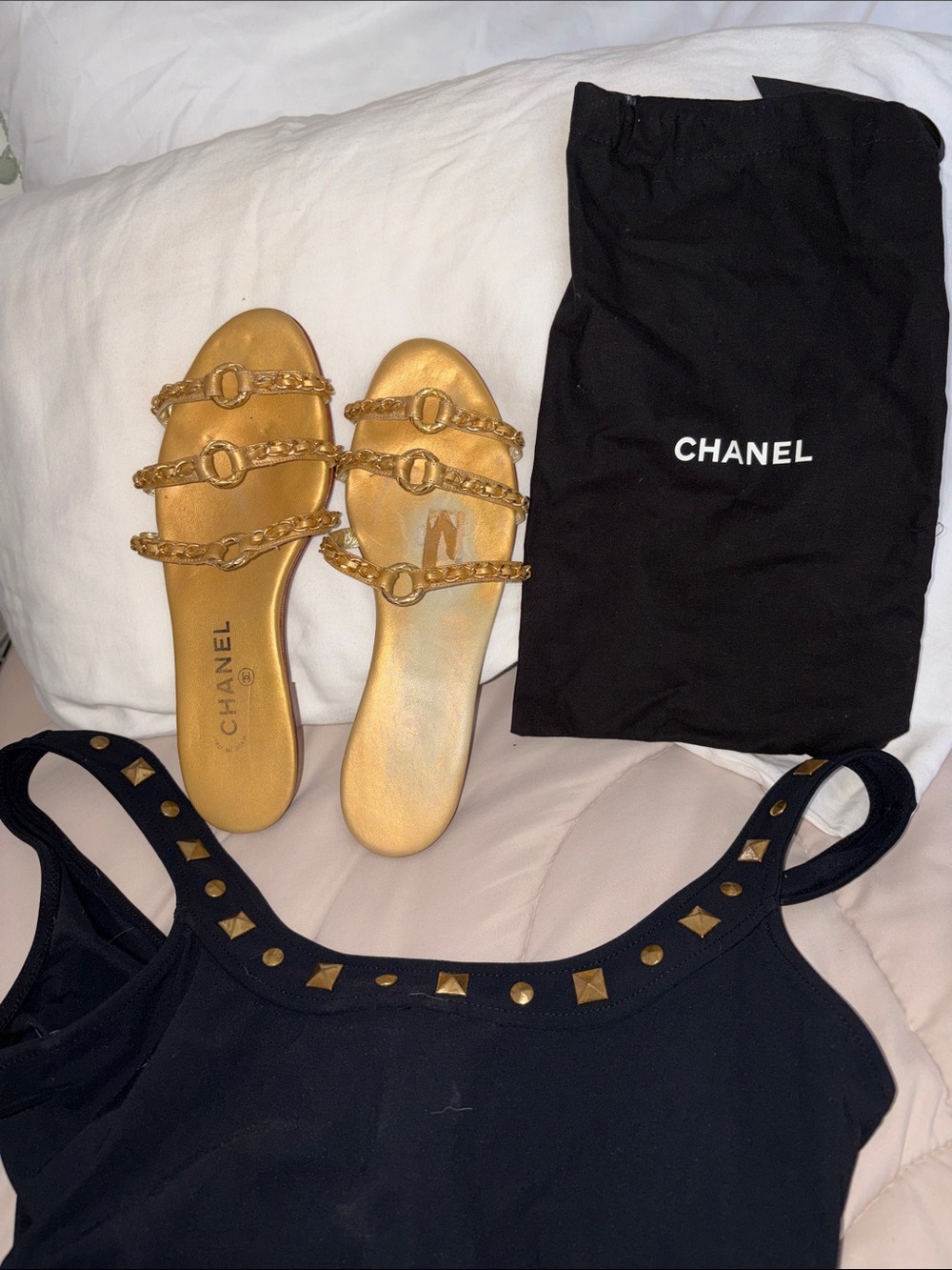 CHANEL Metallic Gold Chain-Strap Slide Mules